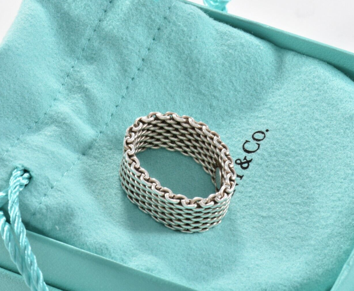 Size 10 Tiffany & Co Somerset Sterling Silver Mesh Ring in Pouch Lovely Rare