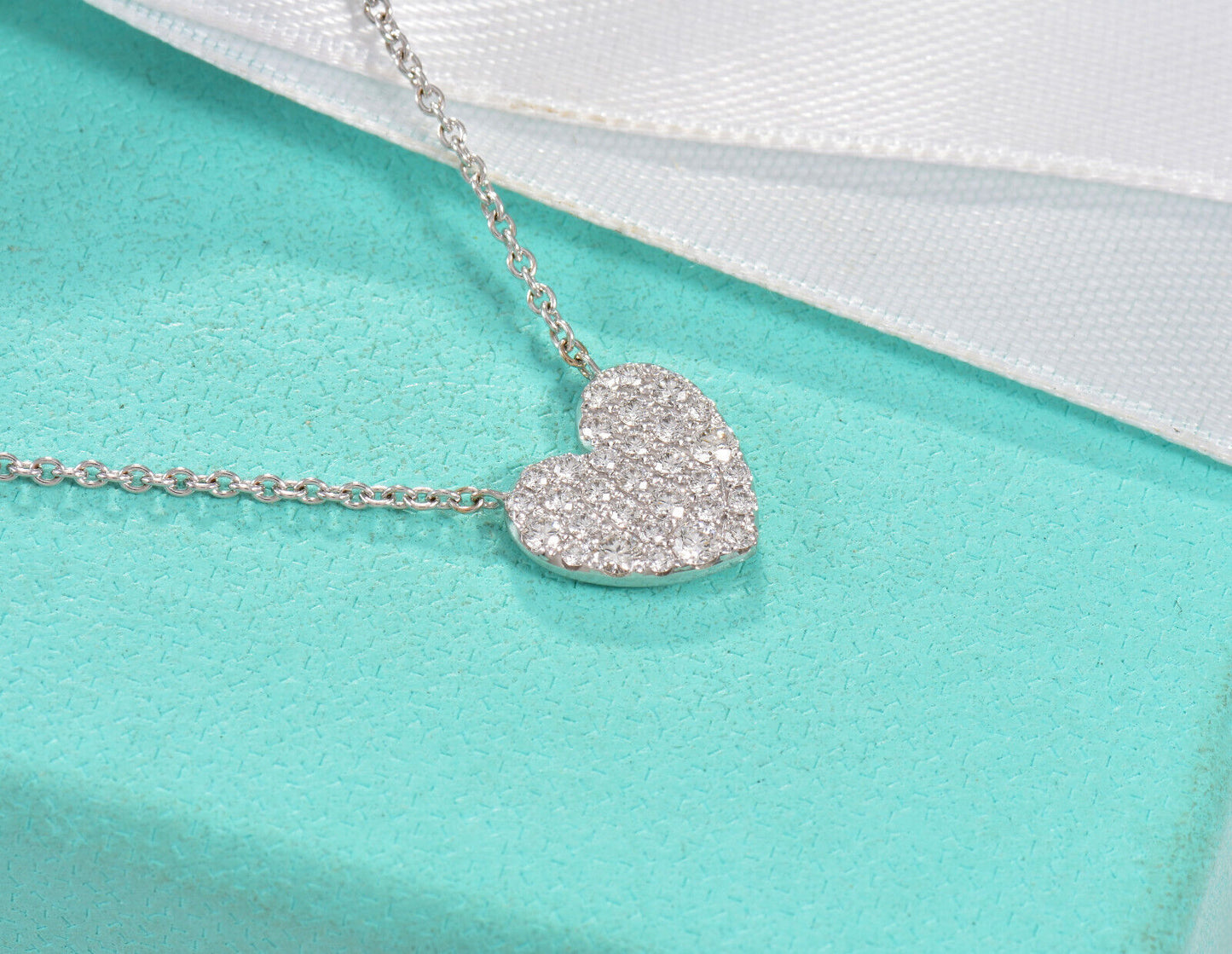 Tiffany & Co Diamond 18K White Gold Large Metro Heart Pendant Necklace Pave Rare