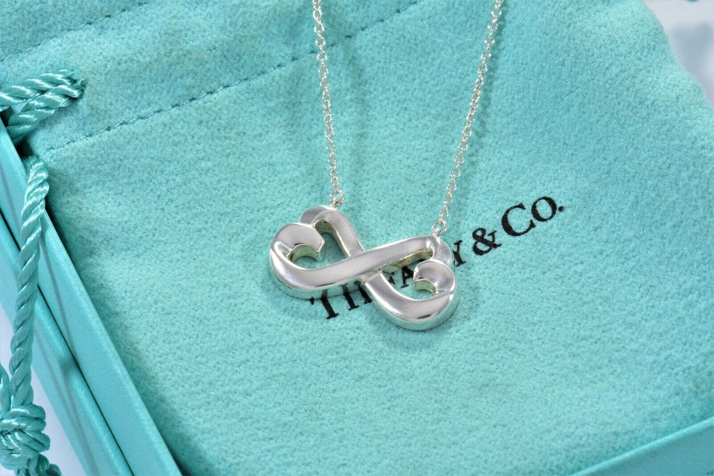 19" Tiffany & Co Paloma Picasso Double Loving Heart Infinity Necklace in Pouch