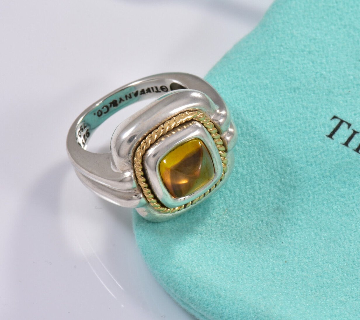 Tiffany & Co Gold Silver Rope Citrine Orange Quartz Cocktail Ring in Pouch Sugar