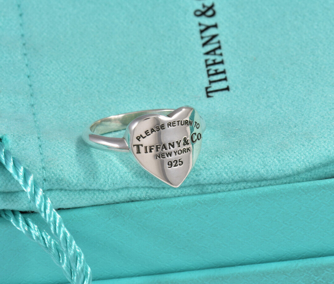 Size 7.5 Please Return To Tiffany & Co Silver Heart Signet Ring in Pouch Rare