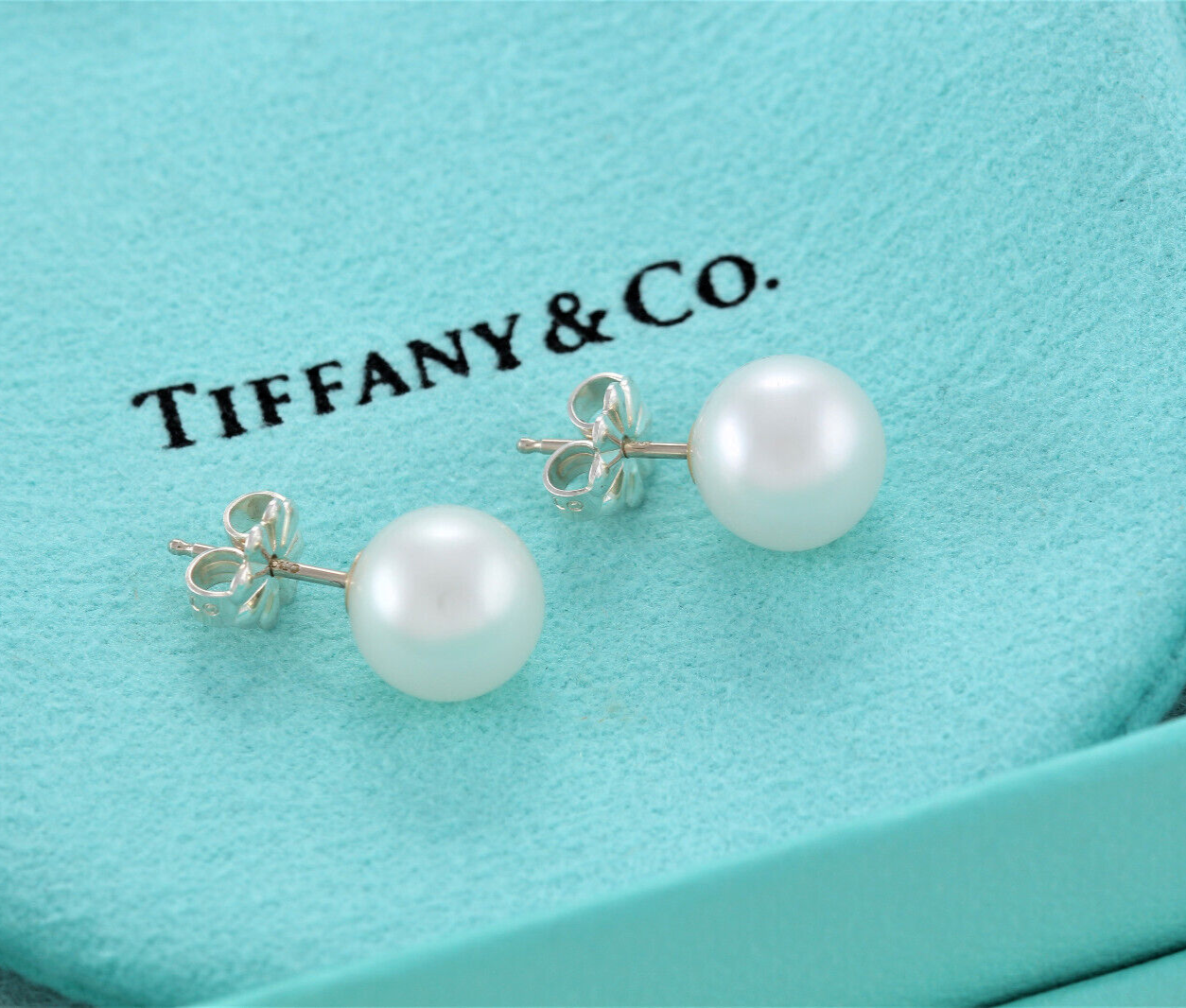 Tiffany & Co Silver Ziegfeld Pearl 9mm Bead Earrings in Box Pouch Ribbon Lovely