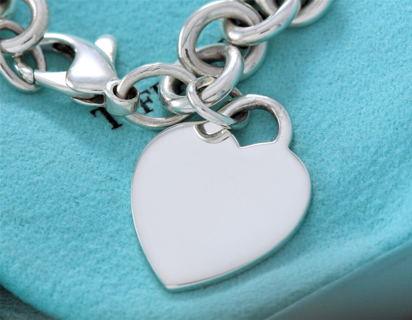 7.5" Tiffany & Co Silver Blank Engraveable Heart Tag Charm Bracelet Chain Link