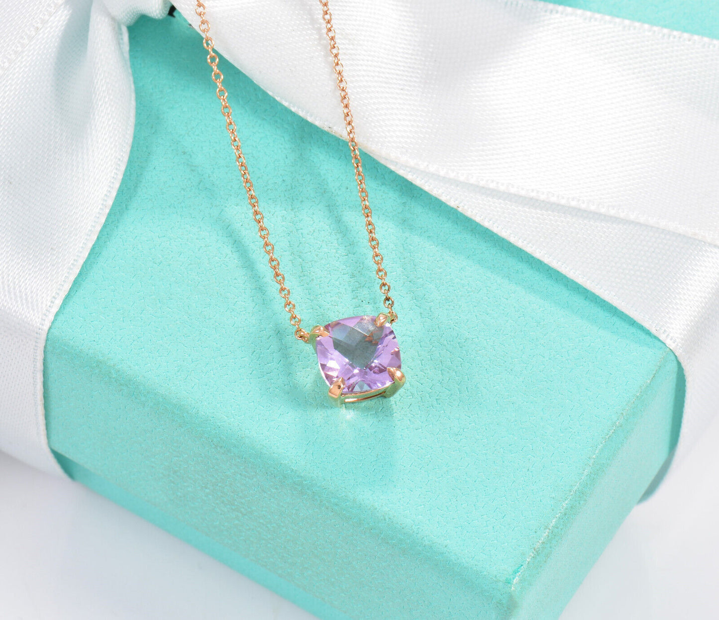 Tiffany & Co 18K Rose Gold Amethyst Square Sparkler Pendant 16" Necklace in Box