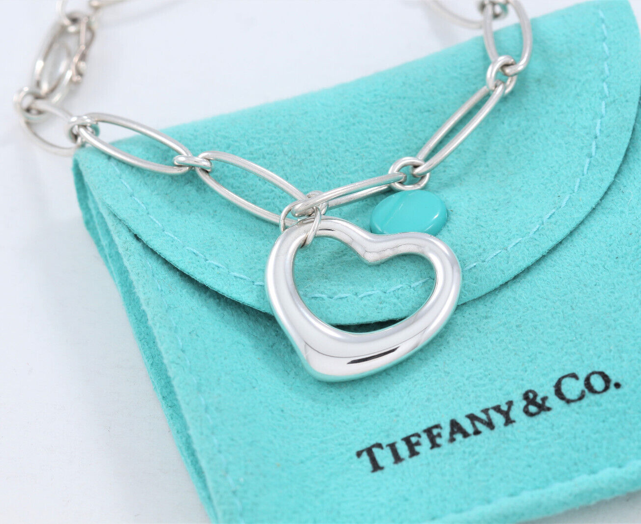 7.5" Tiffany & Co Elsa Peretti Silver Open Heart Oval Link Chain Bracelet Pouch