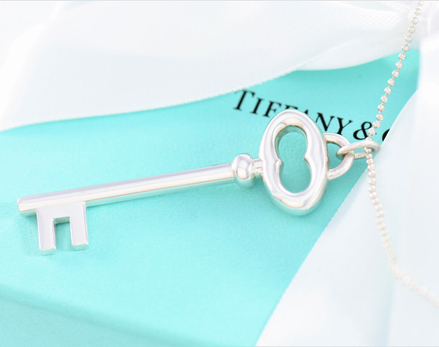 Tiffany & Co Silver Large 2" Oval Key Charm Pendant 16.25" Bead Chain Necklace