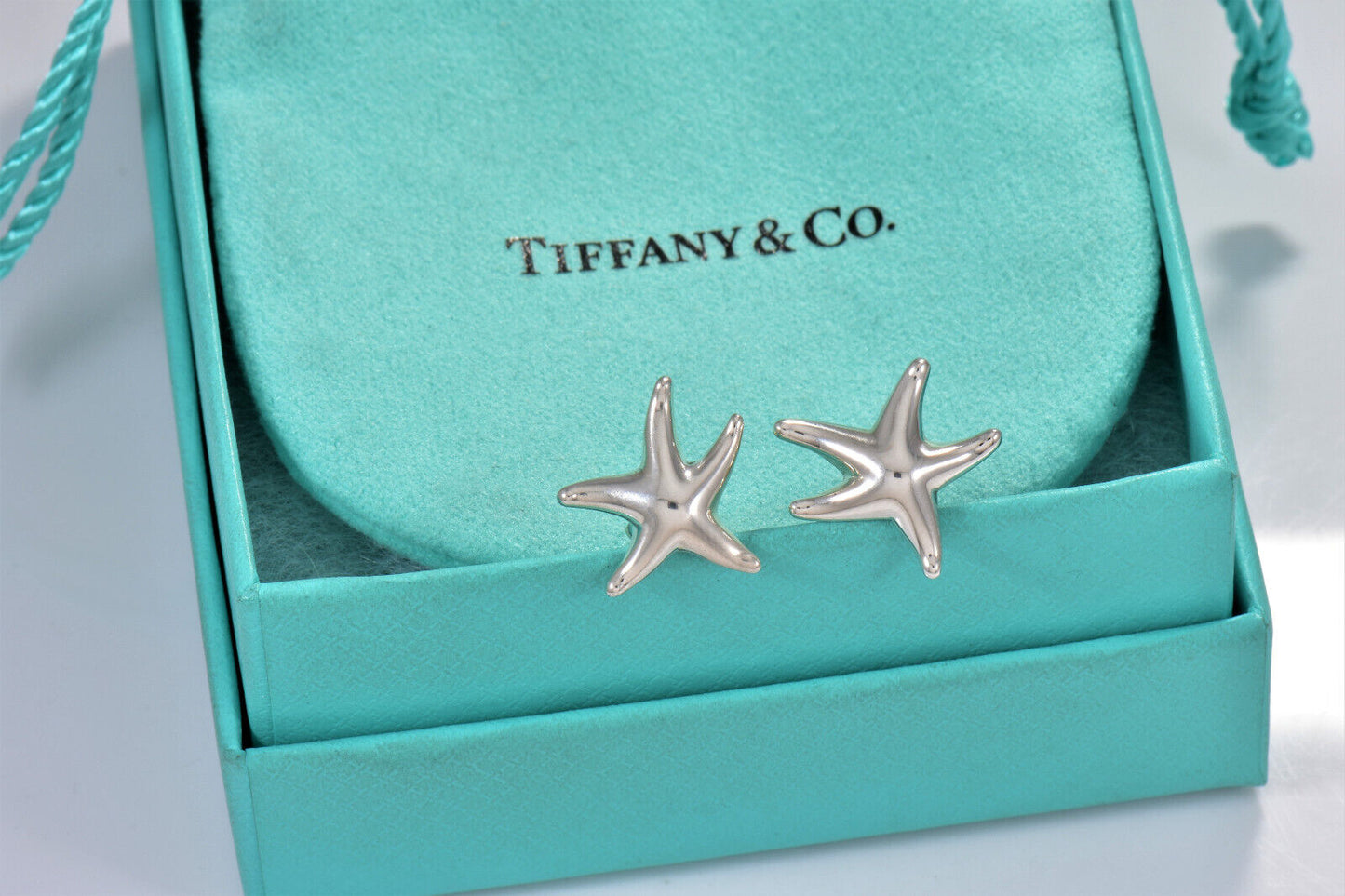 Tiffany & Co Silver Elsa Peretti 17mm Starfish Stud Earrings with Box and Pouch