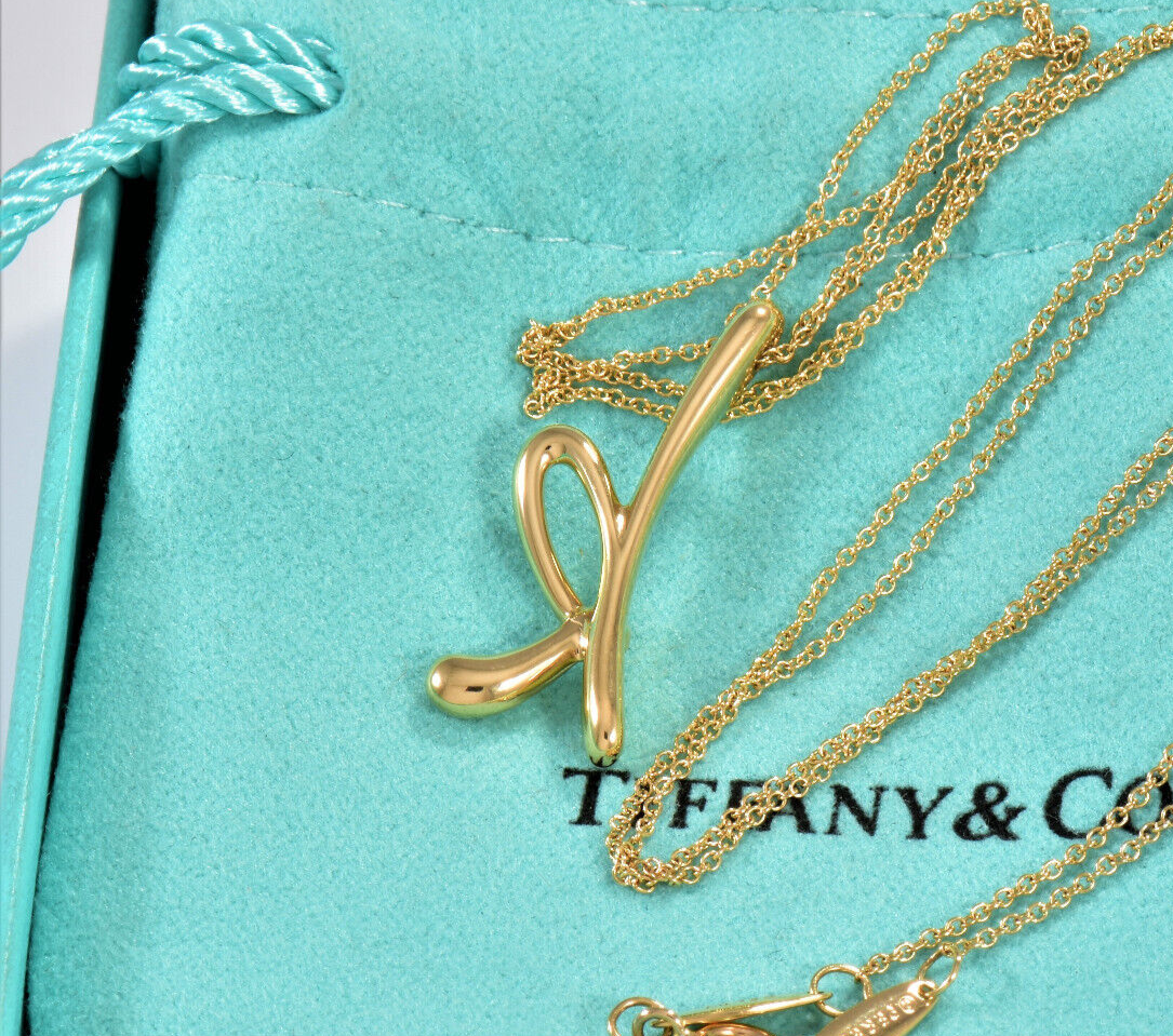 Boxed Tiffany & Co 18K Yellow Gold Elsa Peretti Letter K Pendant 16.25" Necklace