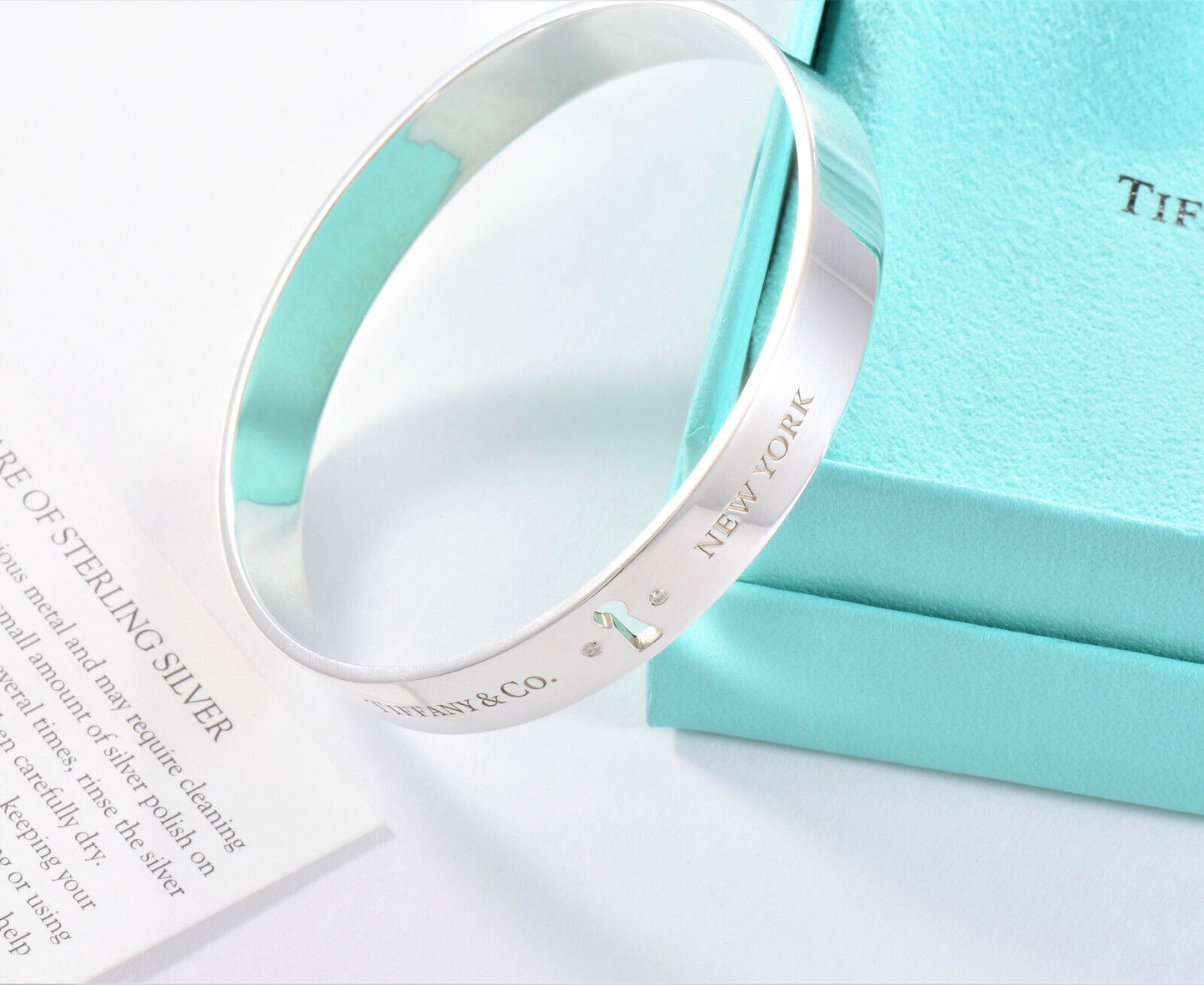 Tiffany & Co Diamond Silver Keyhole Lock Bangle Bracelet & Box Pouch Ribbon Rare