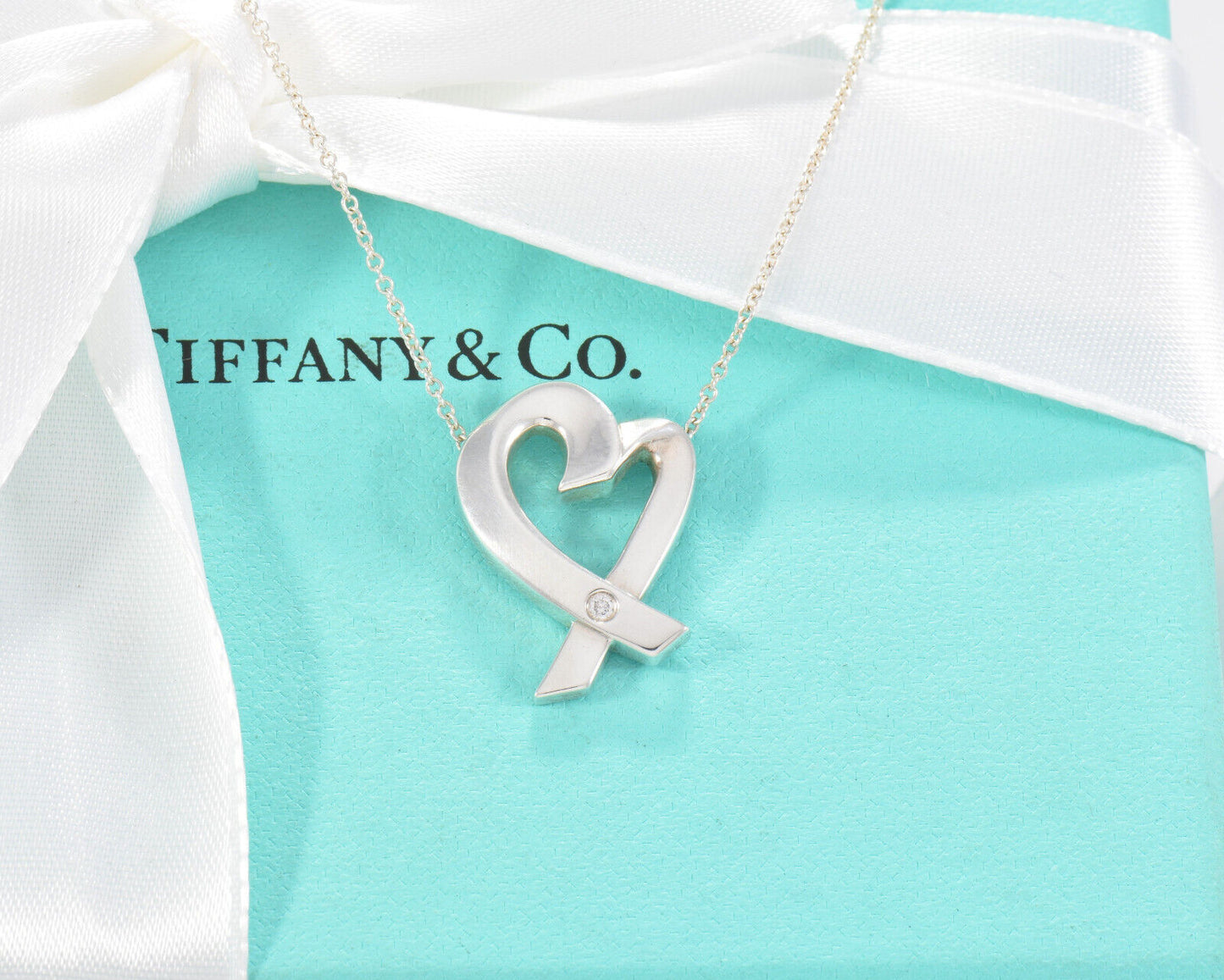 19.75" Tiffany & Co Silver Diamond Large Picasso Loving Heart Pendant Necklace