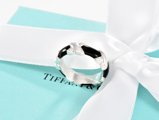 Size 5 Tiffany & Co Silver Black Enamel Signature X Stack 6mm Band Ring in Pouch