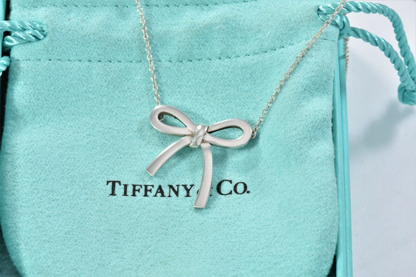 Tiffany & Co Sterling Silver Large Ribbon Bow Charm Pendant 16.2" Necklace Boxed