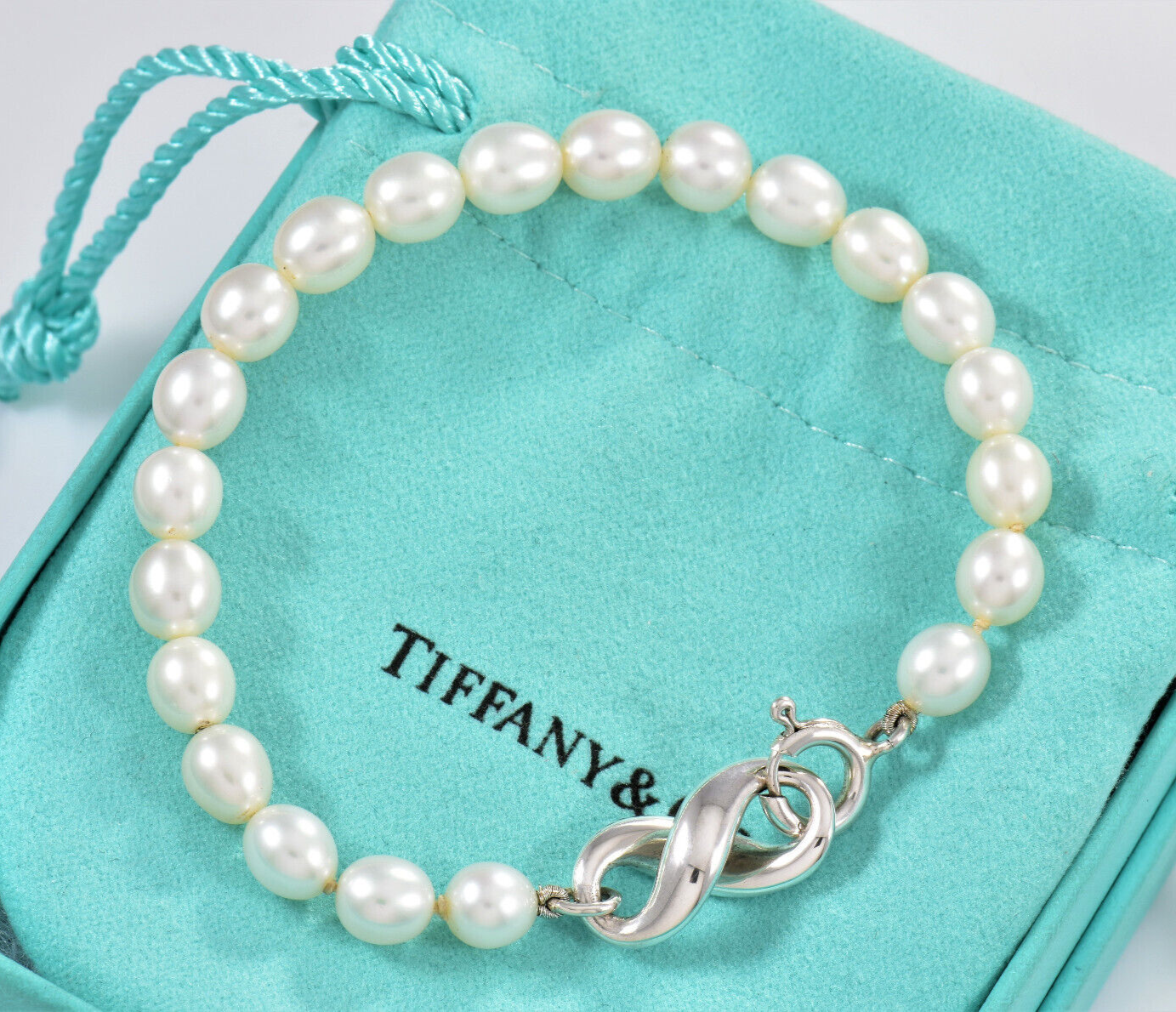 Vintage Tiffany & Co Silver Pearl Bead Infinity Charm Bracelet 7.65" in Pouch