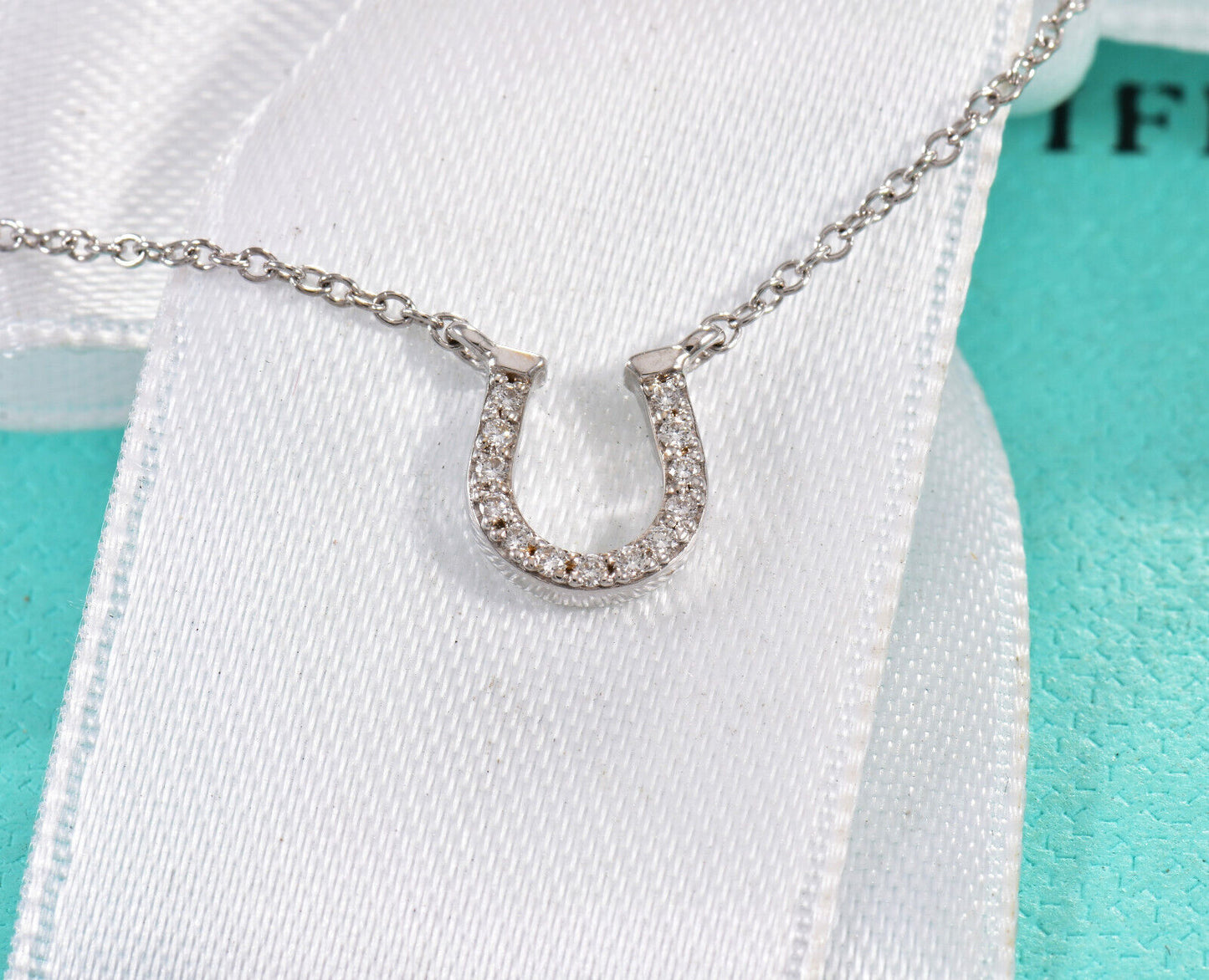 Tiffany & Co Diamond White Gold Metro Horseshoe Pendant 16.5" Necklace Boxed 8mm