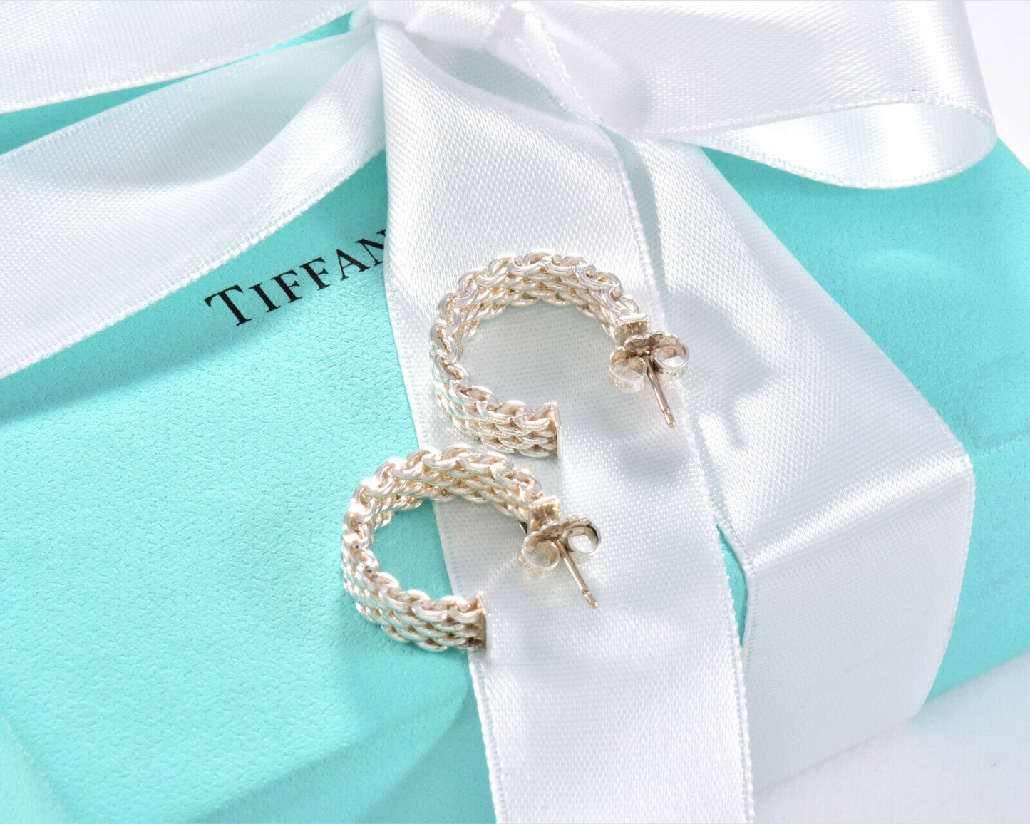 Tiffany & Co Sterling Silver Small 17mm Mesh Hoop Earrings in Box Narrow Rare