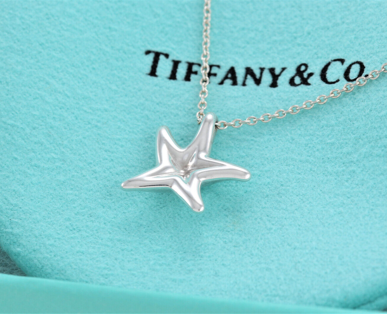 Tiffany & Co Silver Elsa Peretti Medium Starfish Pendant 16.25" Necklace & Pouch