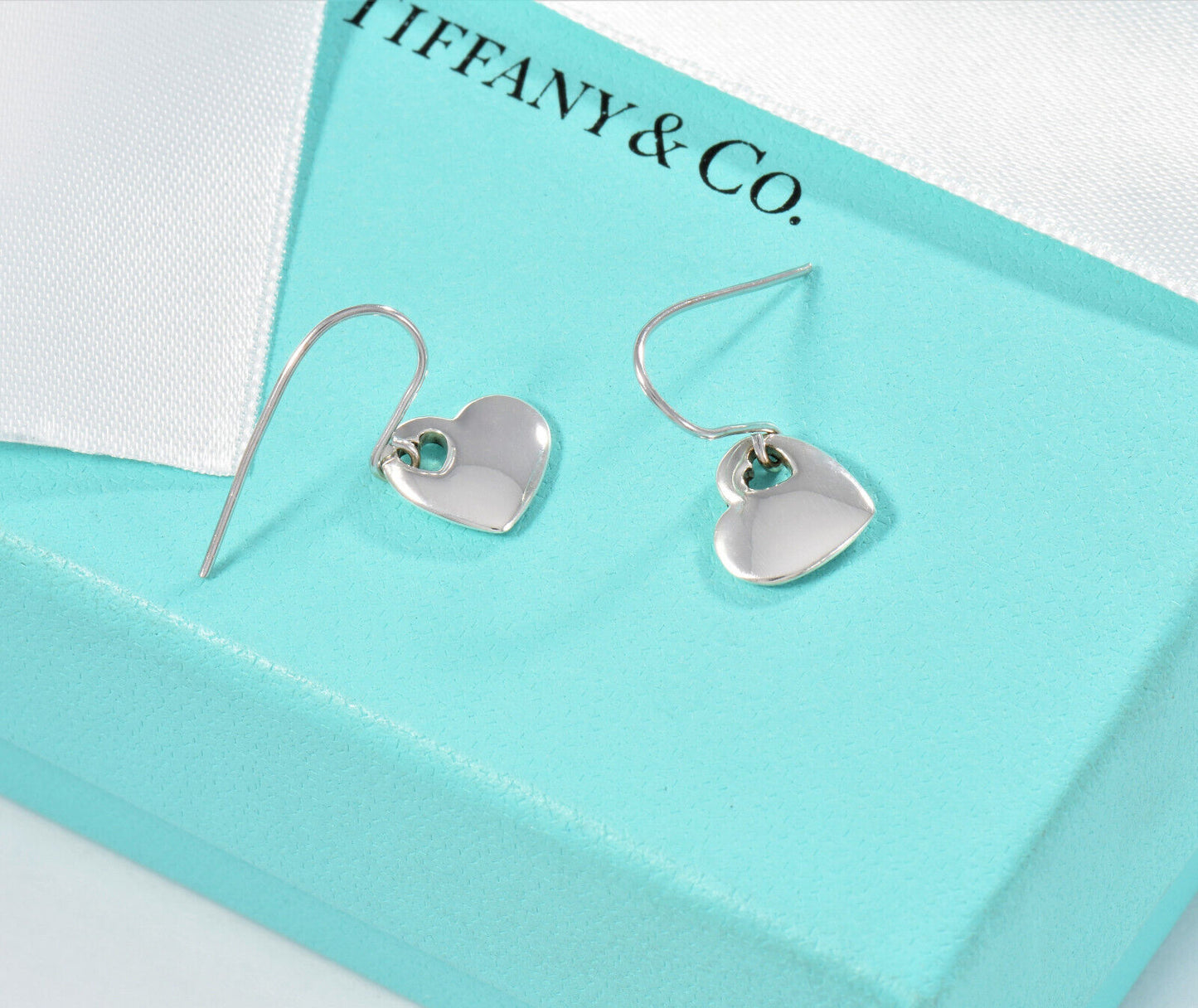 Tiffany & Co Silver Puff Heart Stencil Hook Earrings in Box Pouch Ribbon Dangle