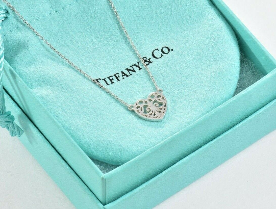 Tiffany & Co Silver Enchant Scroll Small Heart 16" Necklace in Pouch Rare Love