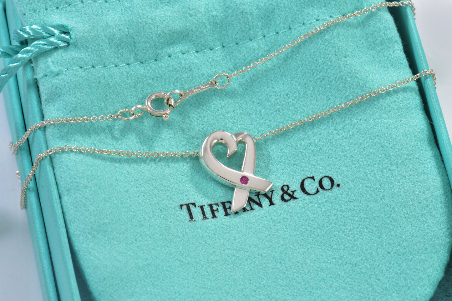 Tiffany & Co Silver Pink Sapphire Paloma Picasso Loving Heart Pendant Necklace