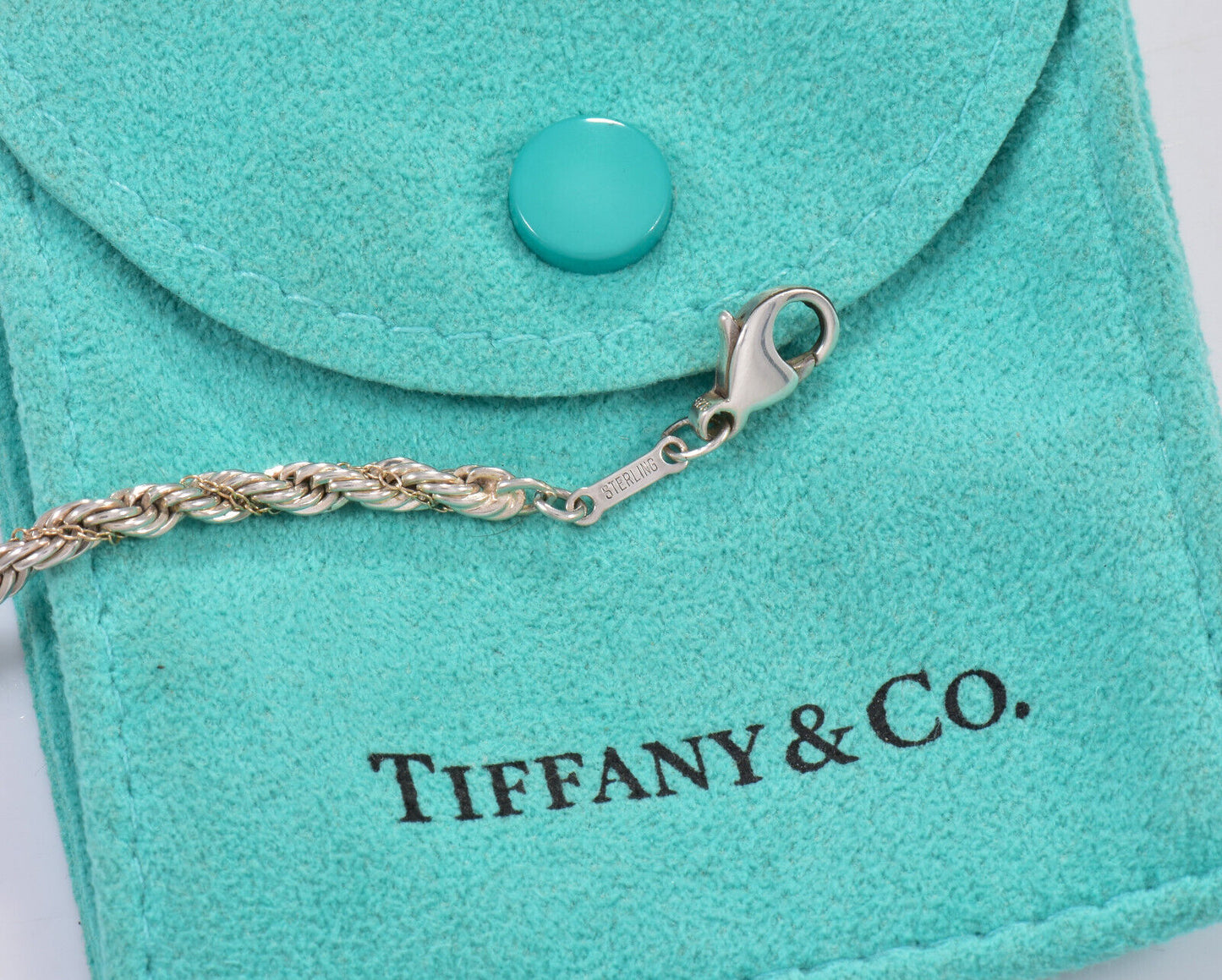 7.5" Vintage Tiffany & Co Silver Gold Thin 3.5mm Rope Chain Bracelet in Pouch