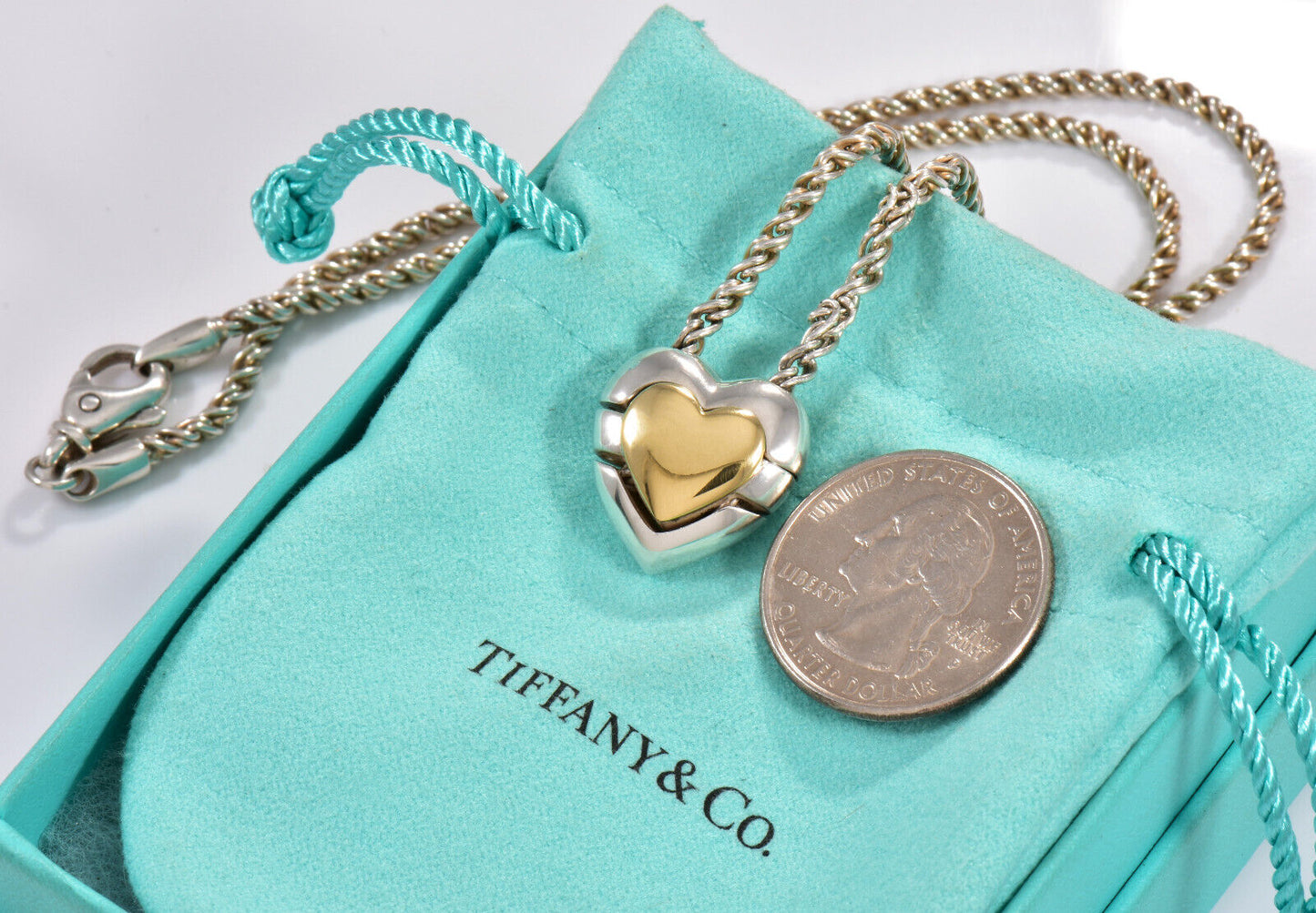 Vintage Tiffany & Co Italy Gold Silver Heart Puzzle Pendant Necklace Rare Rope