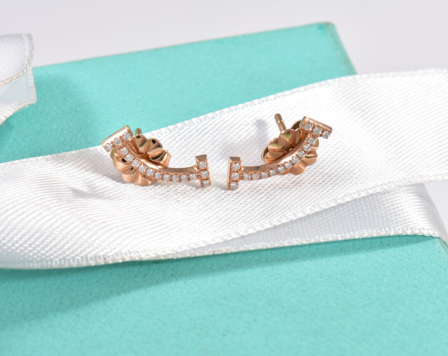 Tiffany & Co Diamond 18K Rose Gold Smile Earrings in Box Pouch Ribbon Studs Love