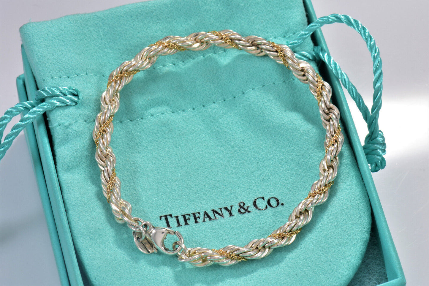 Vintage Tiffany & Co Silver 18K Yellow Gold Rope Chain 7.25" Bracelet in Pouch