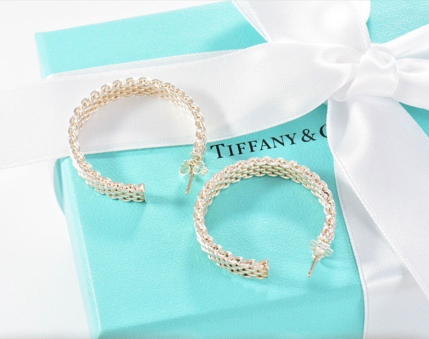 Tiffany & Co Sterling Silver Large 33mm Mesh Hoop Earrings in Box Narrow Rare