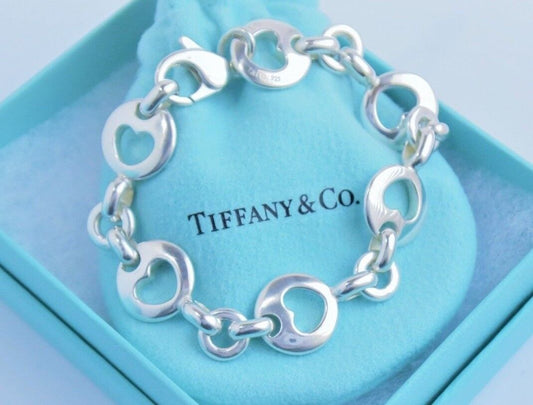 Tiffany & Co Sterling Silver Stencil Heart Chain Link Love Bracelet 7.25" Pouch