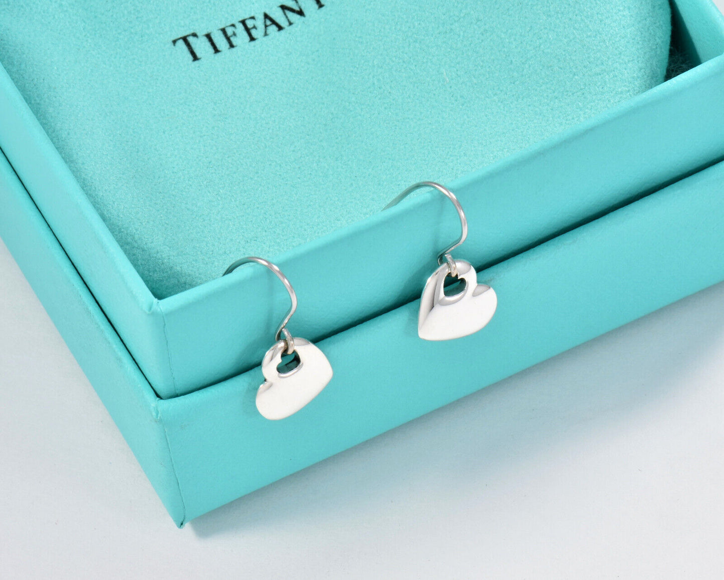 Tiffany & Co Silver Puff Heart Stencil Hook Earrings in Box Pouch Ribbon Dangle