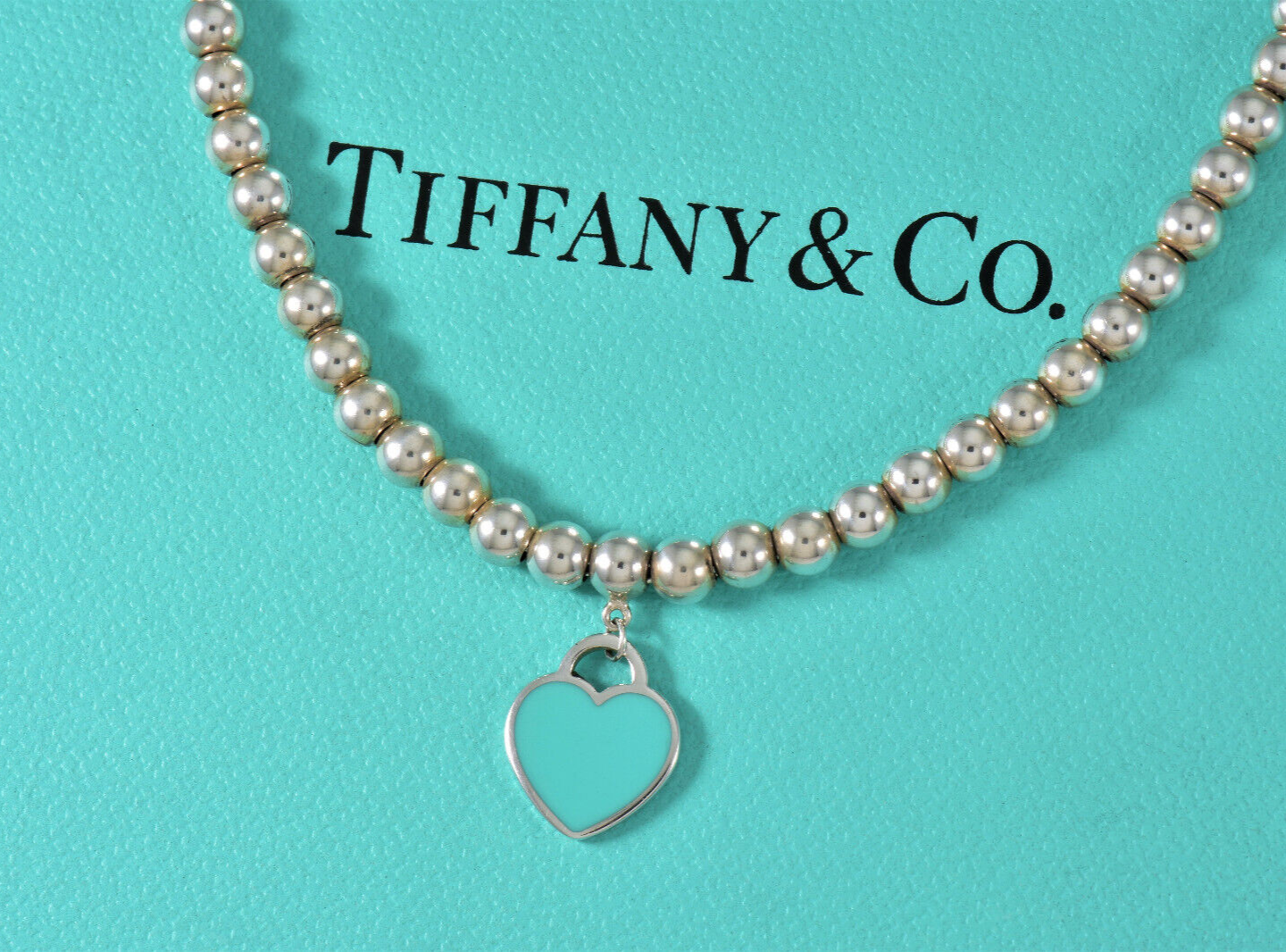 18" Please Return To Tiffany & Co Silver Blue Enamel Heart Pendant Bead Necklace