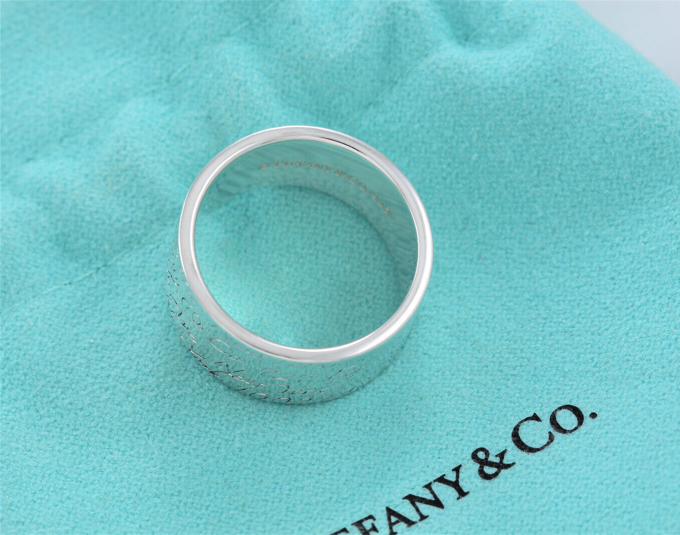 Tiffany & Co Silver Address Notes Script Wide Ring Size 6.5 Box Pouch 10mm Band