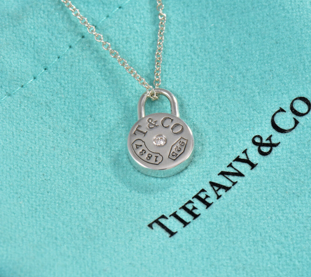 Tiffany & Co Diamond Silver 1837 Round Lock Circle Pendant 16" Necklace in Box