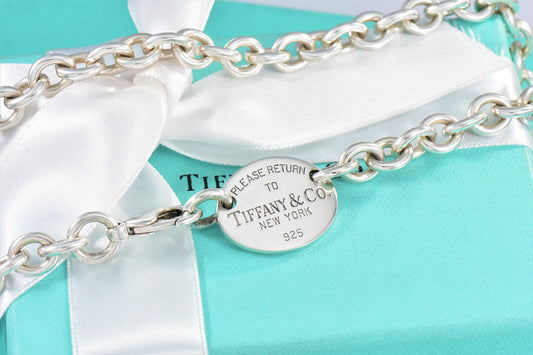 15.74” Please Return To Tiffany & Co Sterling Silver Oval Tag Choker Necklace