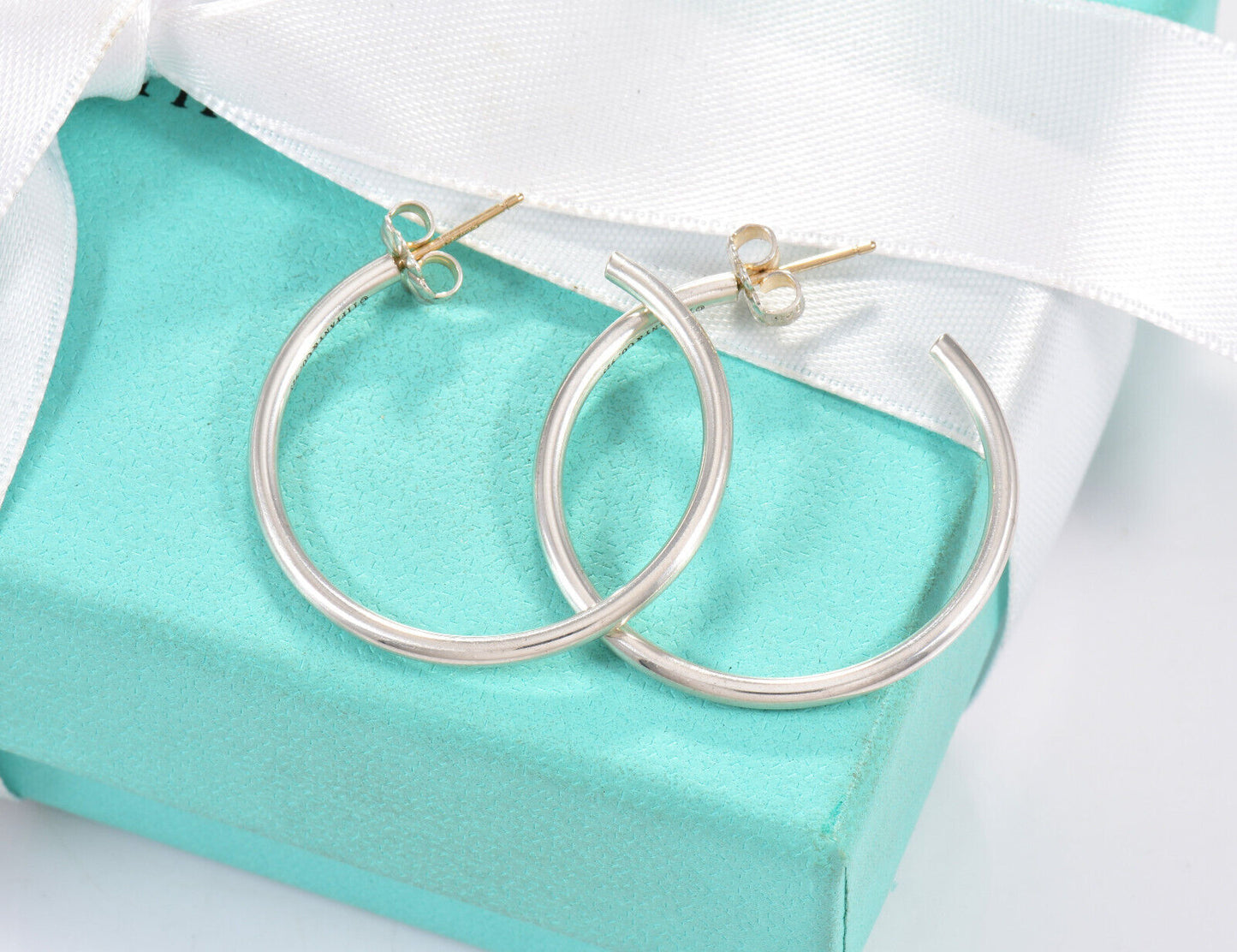 Tiffany & Co Silver 1.25" Large Narrow Tube Hoop Earrings in Box Rare 31mm Bar