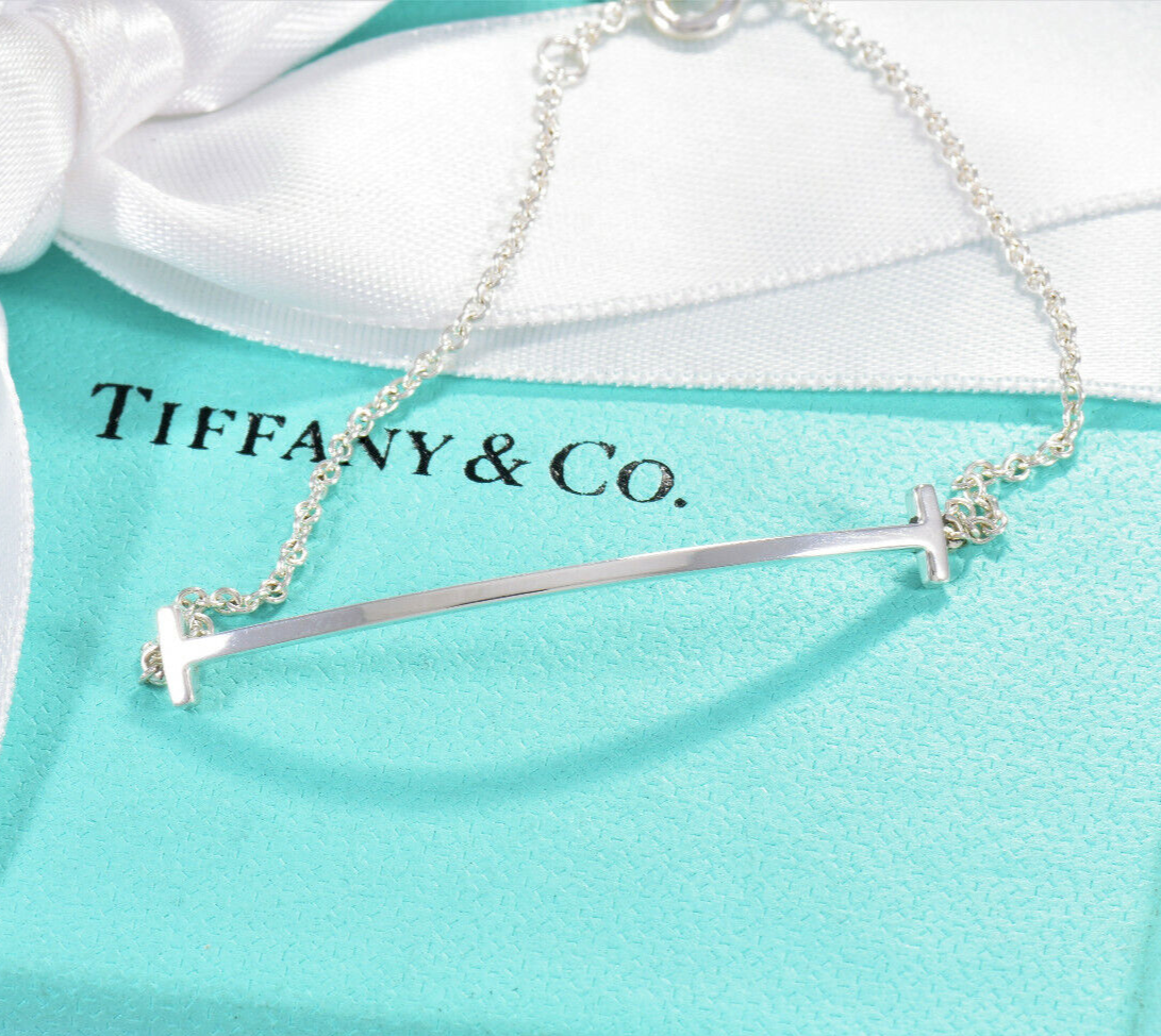 Tiffany & Co Sterling Silver T Smile Square Chain Bracelet in Box Pouch Rare