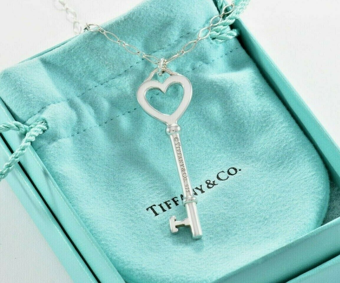 Tiffany & Co Silver Large 2" Heart Key Charm Pendant 18" Oval Chain Necklace