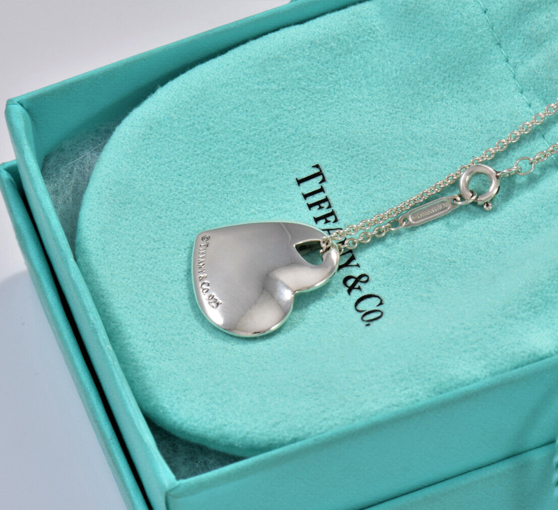 Tiffany & Co Silver Stencil Two Heart Cut Out Love Pendant Necklace 17” in Box