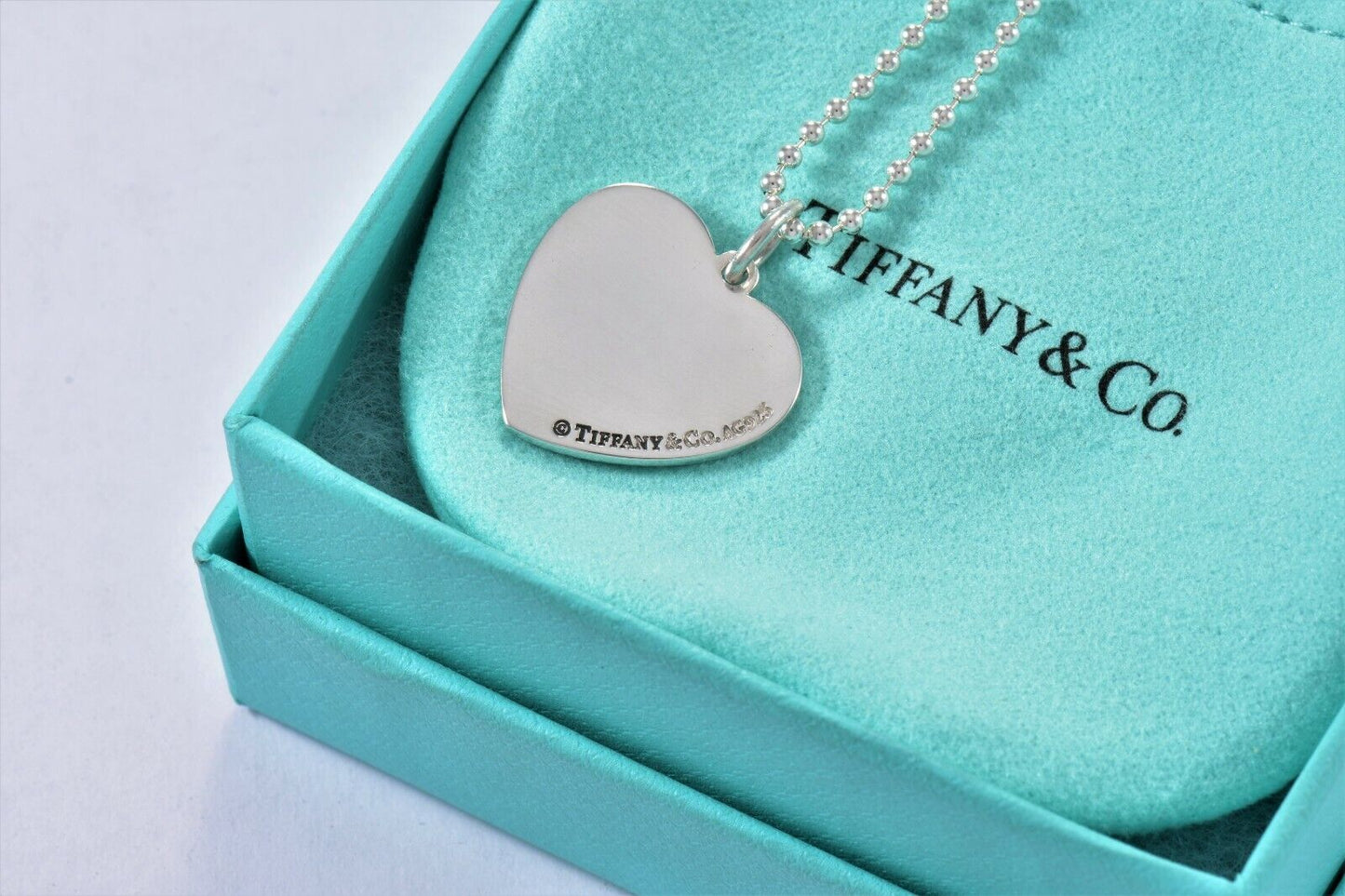 Tiffany & Co Silver Love Signature Heart Pendant Bead Necklace Box Pouch Ribbon