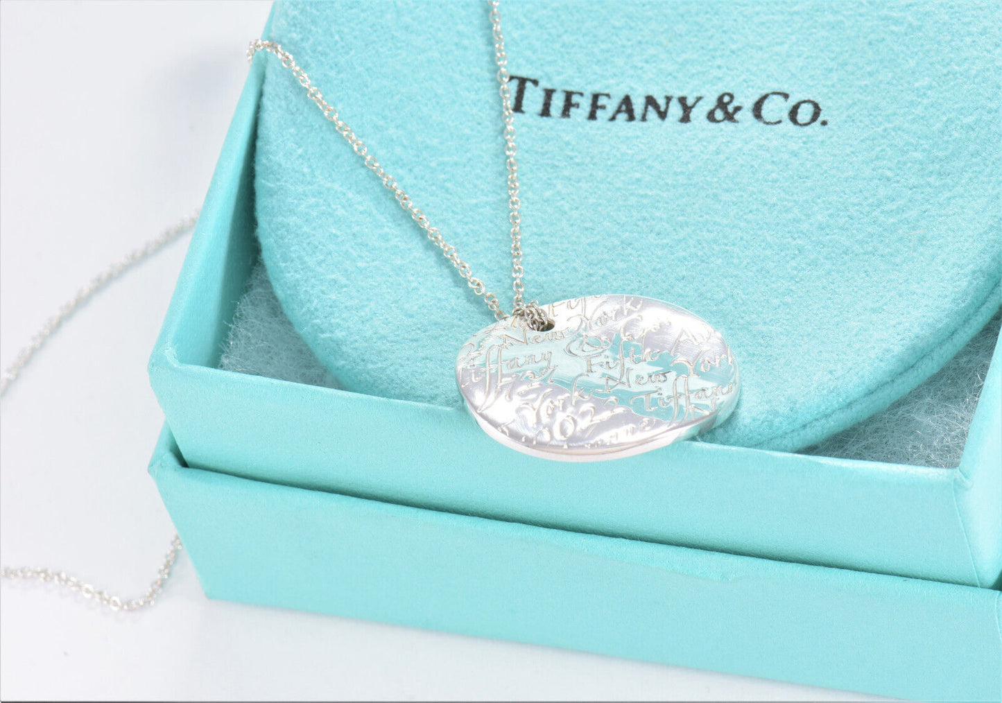 Tiffany & Co Silver NY Address Notes Wavy Round Disk Pendant 16" Necklace Circle