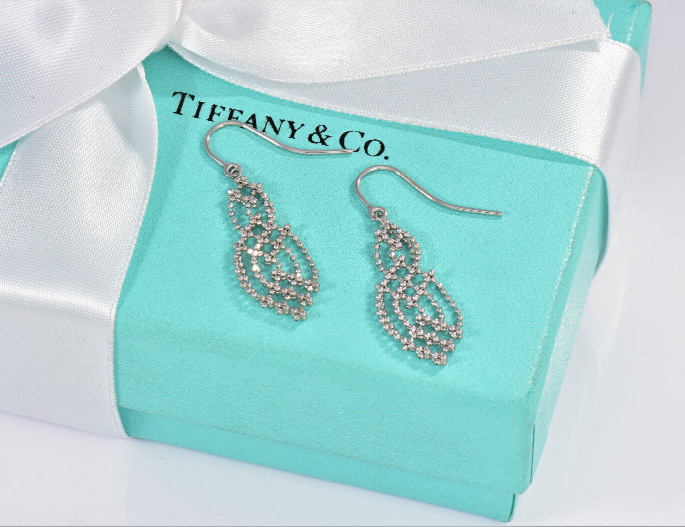 Tiffany & Co 18K White Gold Chandelier Fringe Hook Earrings Dangle Gatsby in Box