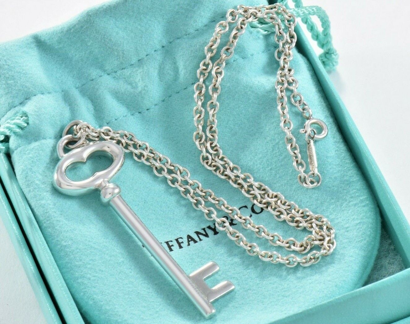 Tiffany & Co Silver Large 2" Oval Key Charm Pendant 16.25" Chain Necklace in Box