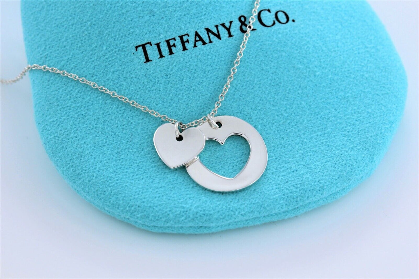 Tiffany & Co Silver Stencil Cutout Two Heart Charm Pendant 16" Love Necklace