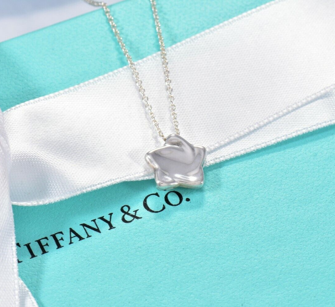 Tiffany & Co Silver Elsa Peretti Small Star Pendant 16" Chain Necklace in Pouch