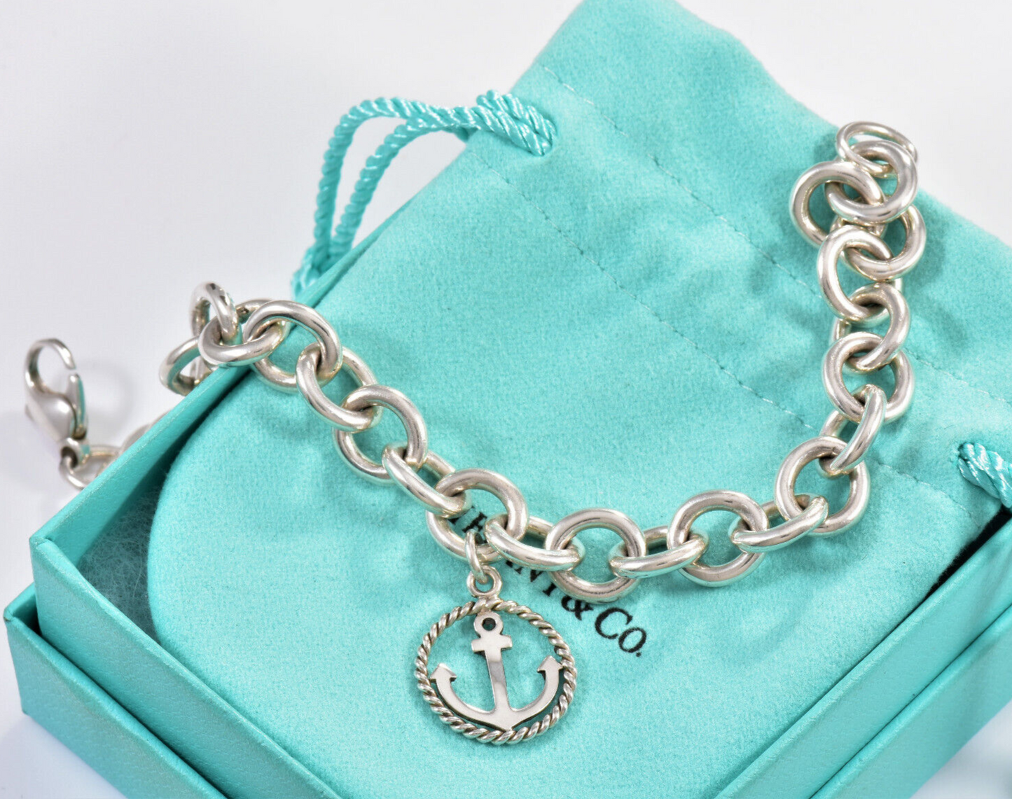 Tiffany & Co Sterling Silver Anchor Charm 8" Chain Link Bracelet in Pouch Rare