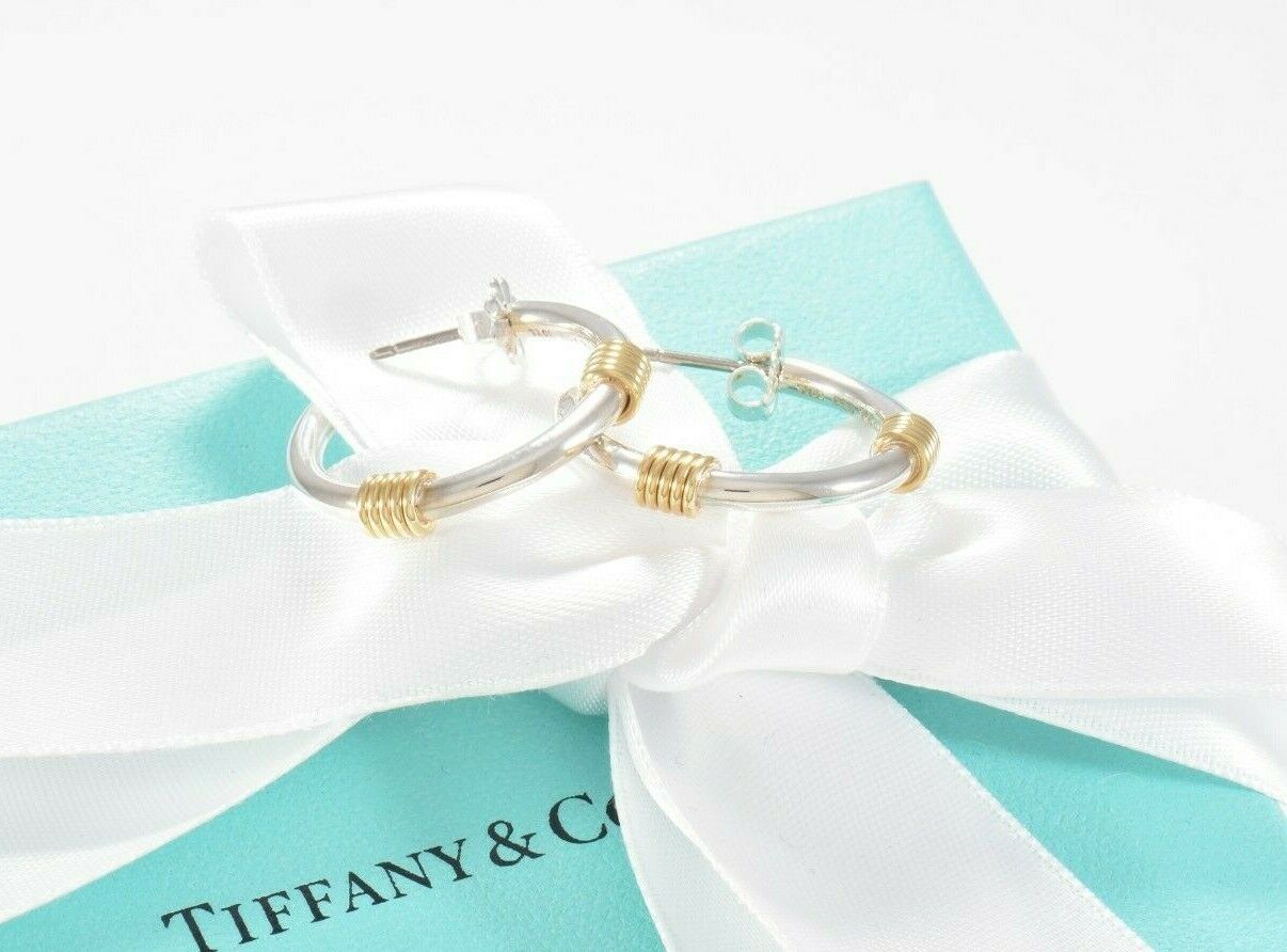 Vintage Tiffany & Co Silver Yellow Gold Coil Cable Wire Hoop Earrings 1.3" Pouch