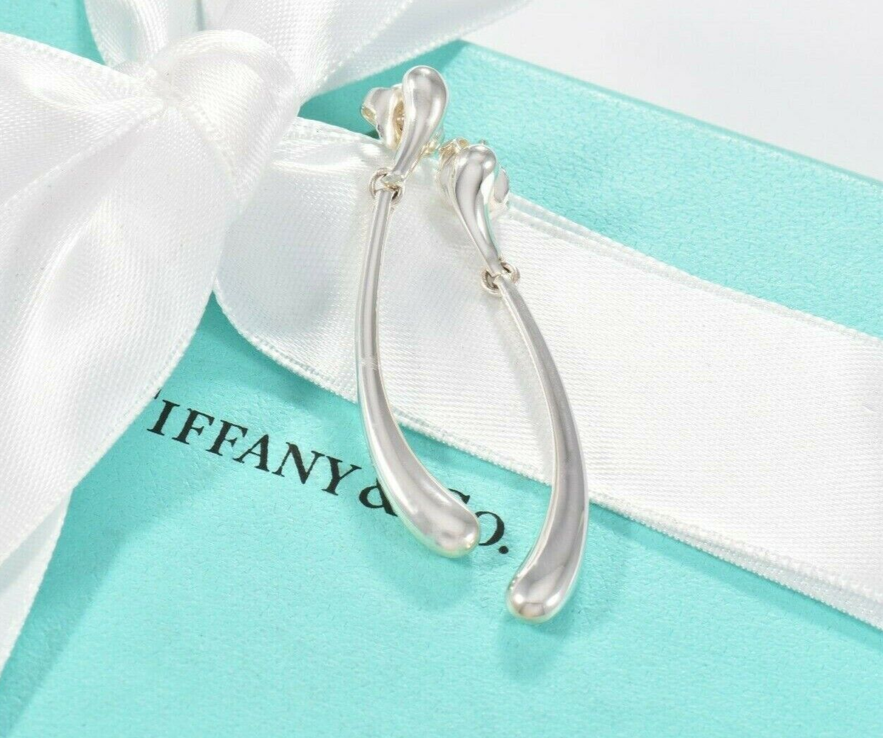 Tiffany & Co Elsa Peretti Sterling Silver Elongated Teardrop Dangling Earrings