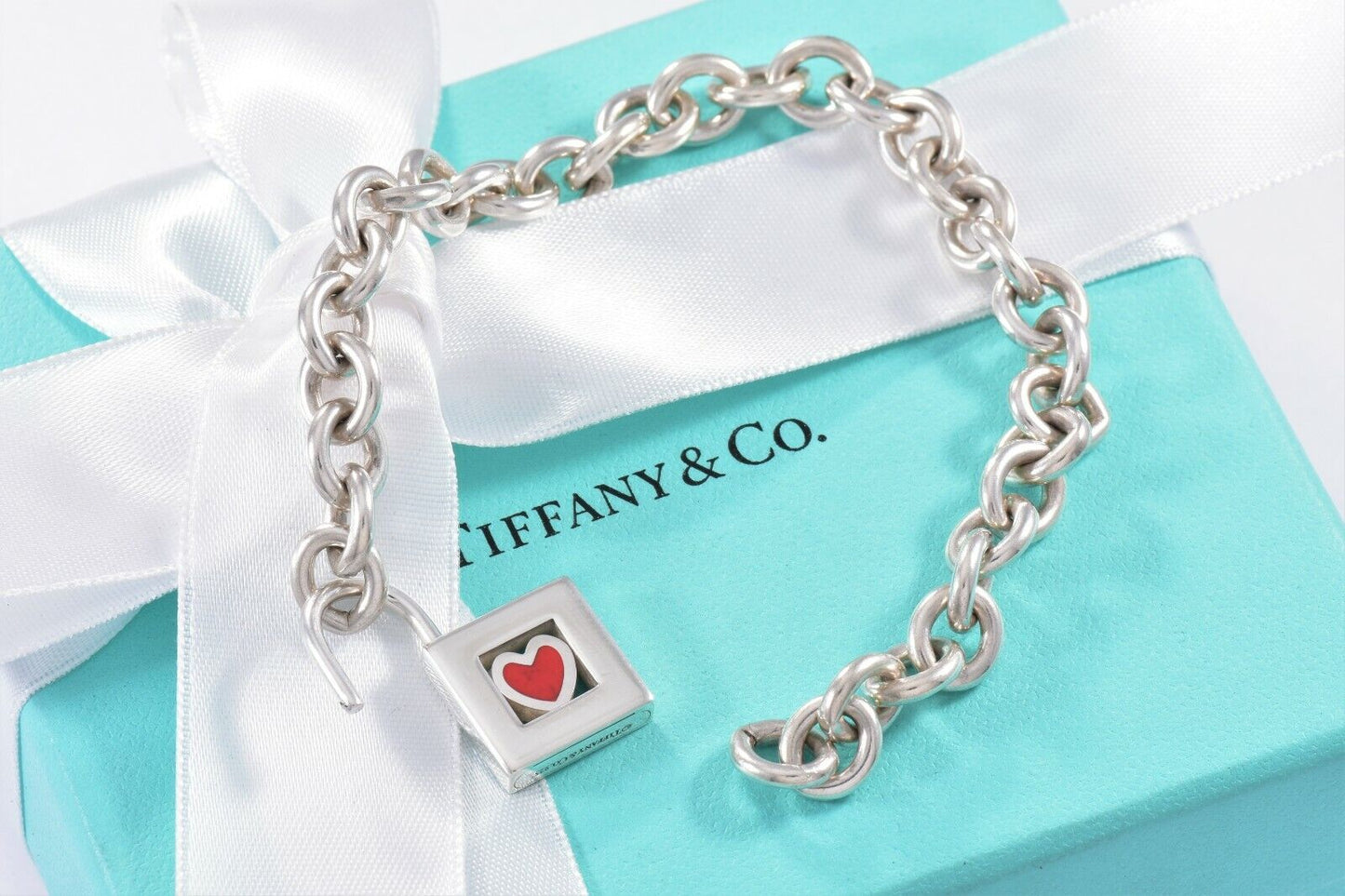 Tiffany & Co Sterling Silver Red Enamel Heart Lock 8" Chain Link Bracelet Rare