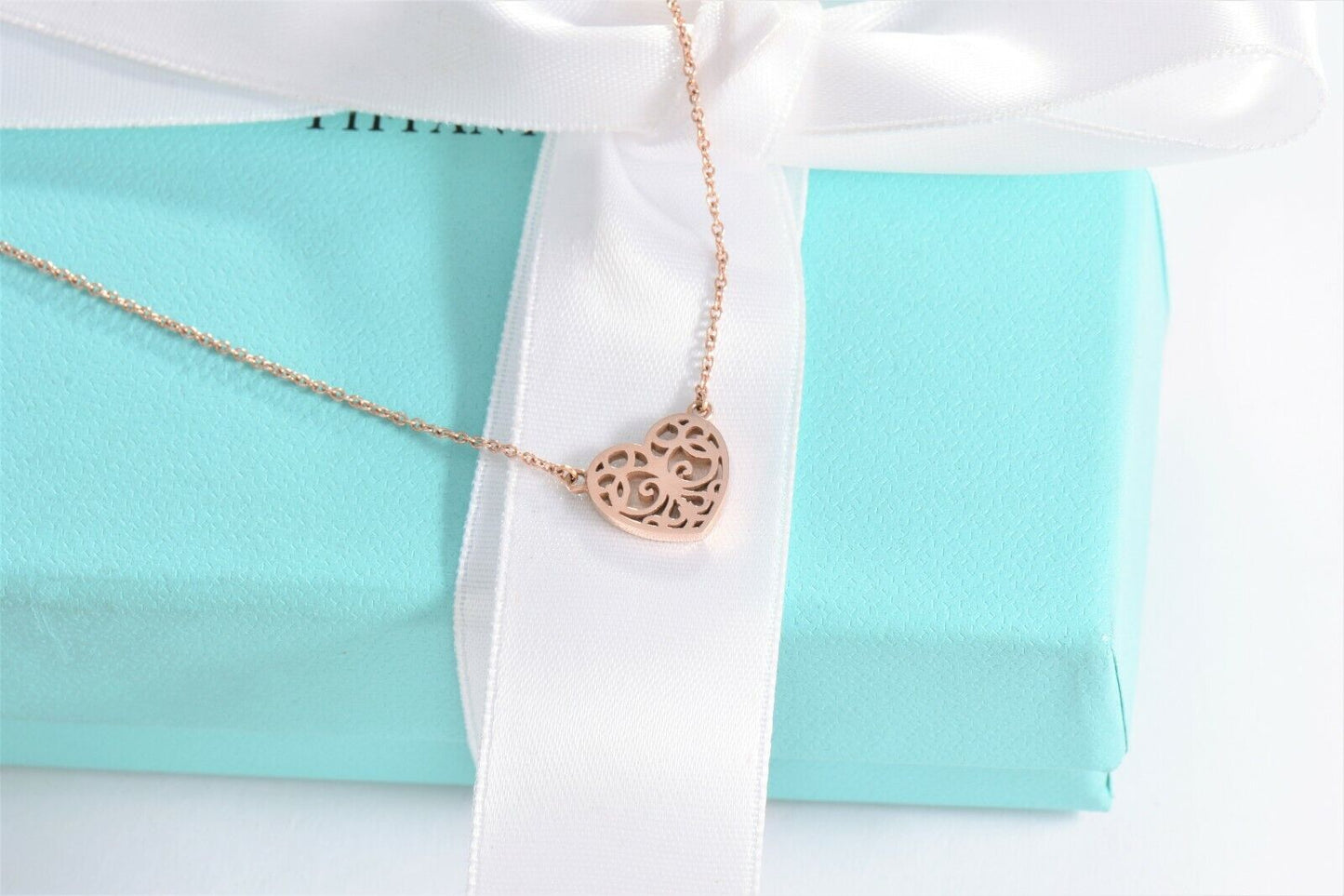 Tiffany & Co Rubedo Gold Metal Enchant Scroll Small Heart 16" Necklace Box Pouch