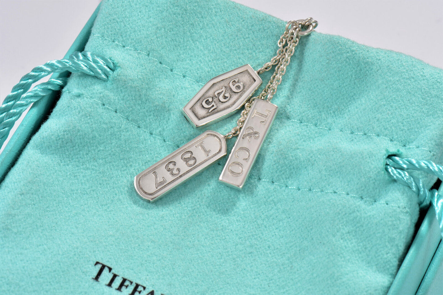 Tiffany & Co Silver 1837 Logo Elements Three Bar Pendant Modern Drop Necklace